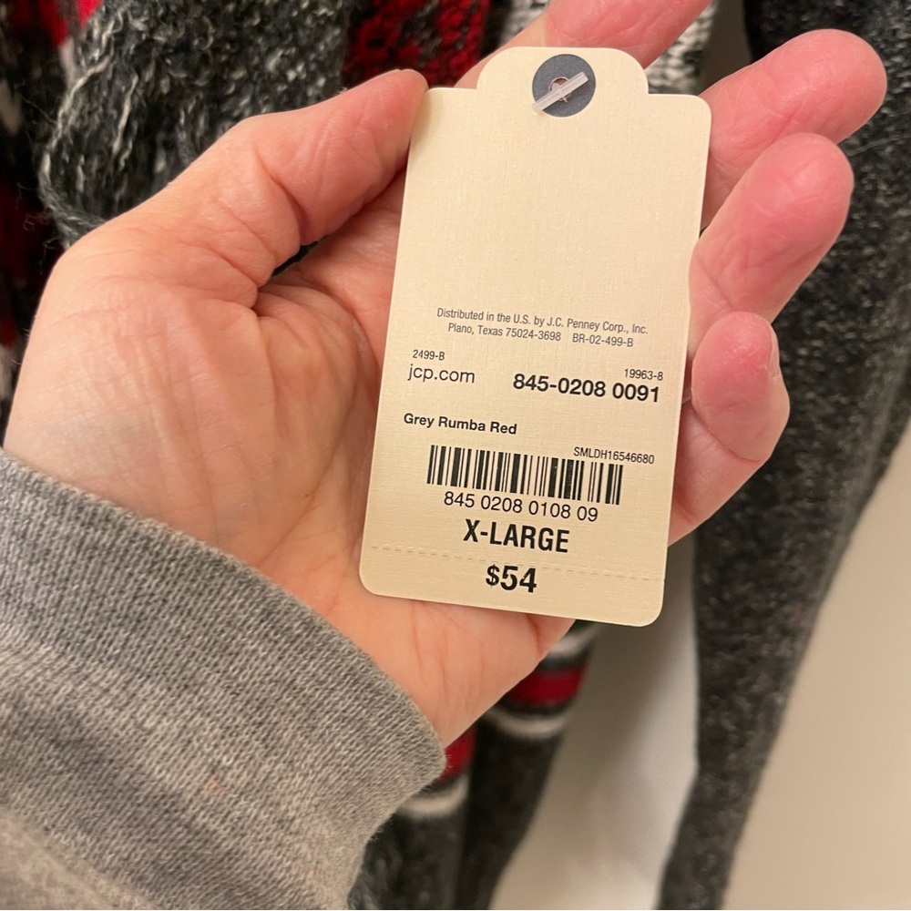 St Johns Bay Cardigan Sweater Gray  Red White Aztec Open Front, Fringe ,XL, NWT - Picture 6 of 12